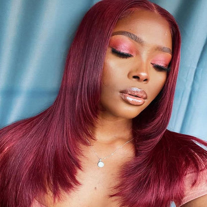 Burgundy Straight 13x5 Pre Cut Lace Front Layered Wig Butterfly Haircut #99J Color Wig