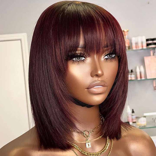 Burgundy Bob Wig With Bangs Straight 13x4 Lace Front Bob Layer Cut Glueless Wigs