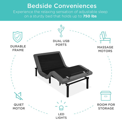 Twin XL Size Adjustable Bed Base for Stress Management with Massage, Remote Control, USB Ports