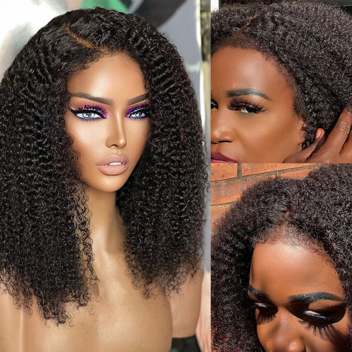 Handmade 4C Hairline Afro Kinky Curly 13x4 Lace Front Wig With Curly Edges Kinky Baby Hair Human Hair Wig