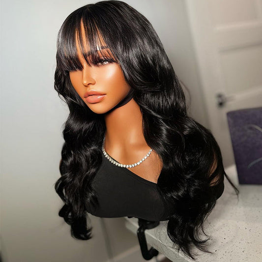 Pre Everything Glueless 13x5 Lace Front Body Wave Wigs With Bangs Human Hair