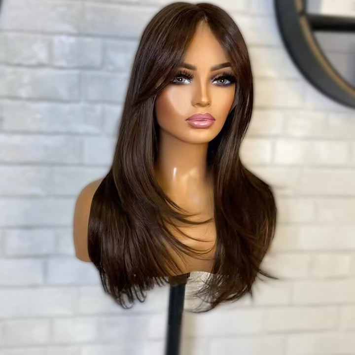 Chocolate Brown Layers Curtain Bangs Straight 9x6 Pre Cut Lace Wig