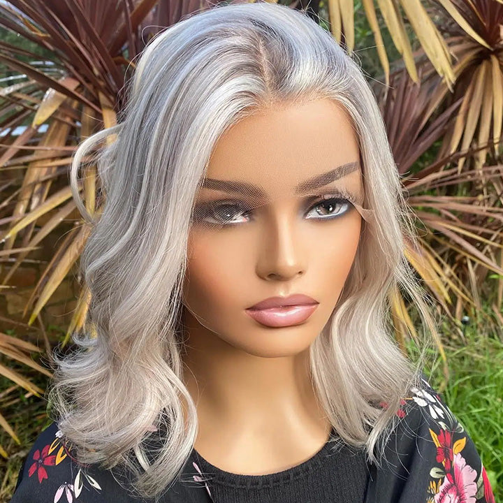 Platinum Ash Blonde Shoulder Wavy Human Hair Bob Wigs Lace Front Wig 13x6 Preplucked Wig