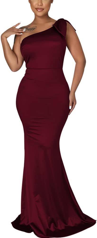 JTNFairy Women&#39;s Sexy Ruffle Sleeveless One Shoulder Bodycon Dresses Classy Pencil Curvy Party Evening Long Formal Dress