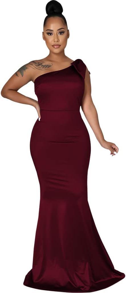 JTNFairy Women&#39;s Sexy Ruffle Sleeveless One Shoulder Bodycon Dresses Classy Pencil Curvy Party Evening Long Formal Dress