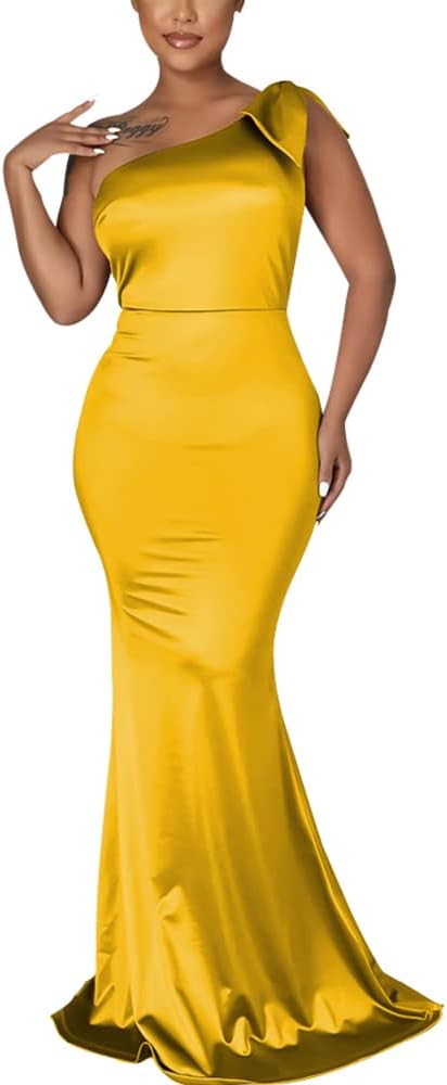 JTNFairy Women&#39;s Sexy Ruffle Sleeveless One Shoulder Bodycon Dresses Classy Pencil Curvy Party Evening Long Formal Dress