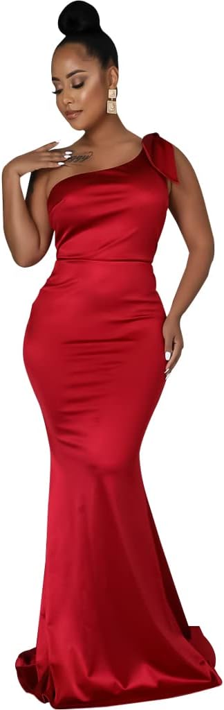 JTNFairy Women&#39;s Sexy Ruffle Sleeveless One Shoulder Bodycon Dresses Classy Pencil Curvy Party Evening Long Formal Dress