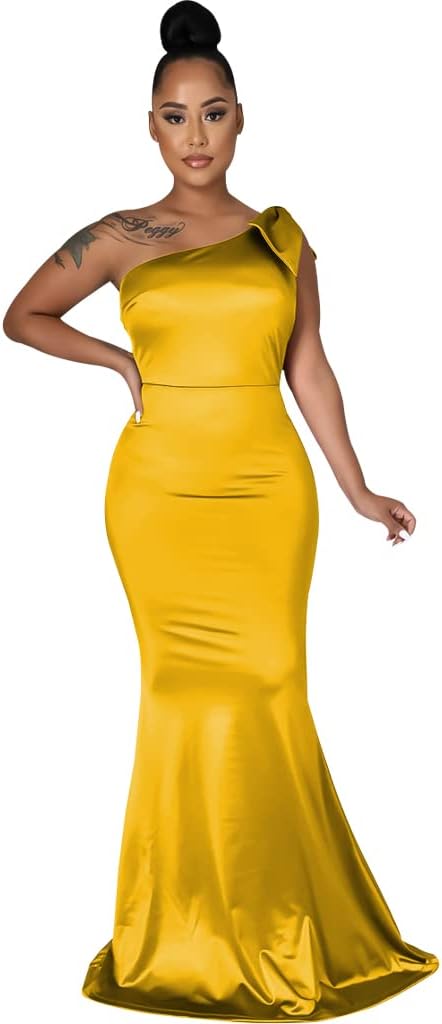 JTNFairy Women&#39;s Sexy Ruffle Sleeveless One Shoulder Bodycon Dresses Classy Pencil Curvy Party Evening Long Formal Dress