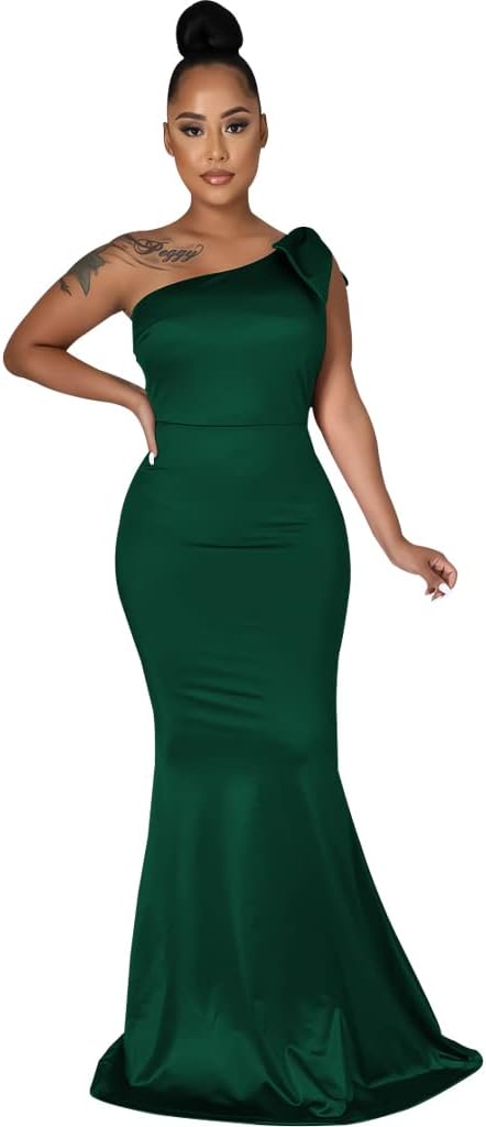 JTNFairy Women&#39;s Sexy Ruffle Sleeveless One Shoulder Bodycon Dresses Classy Pencil Curvy Party Evening Long Formal Dress