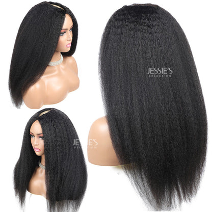 V Part Wig Kinky Straight Glueless Human Hair Wig Without Leave Out Full Machinemade