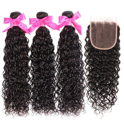 Water Wave Hair 3 Bundles With Closure Wet And Wavy Human Hair Weave Bundles With Lace Closure