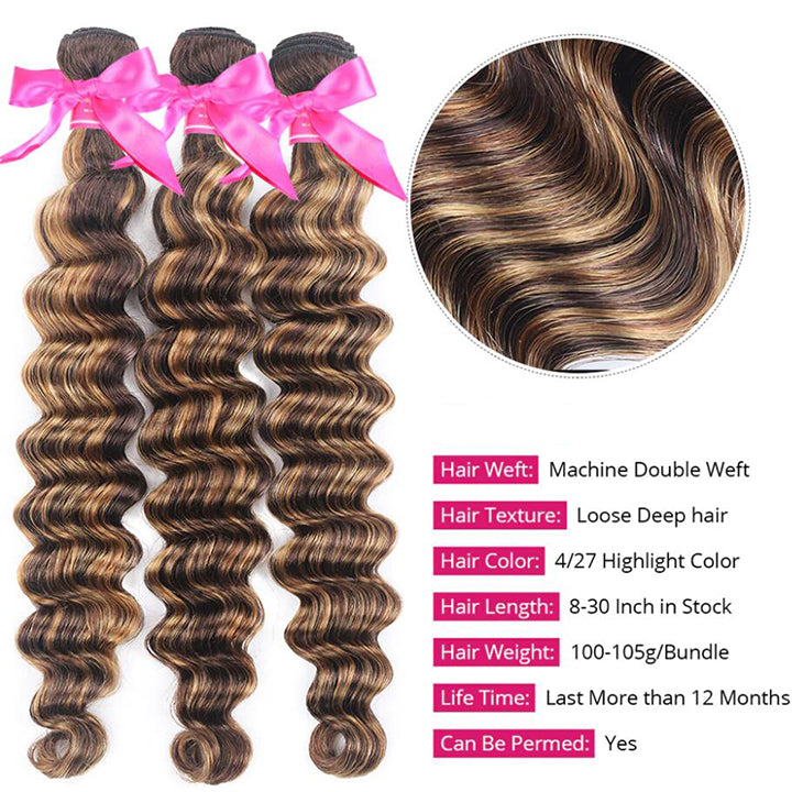 P4/27 Highlight Brown Honey Loose Deep Wave Hair 3 Bundles With 13x4 Lace Frontal Human Hair