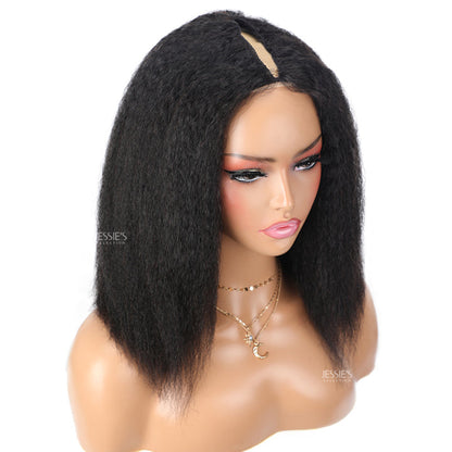 Thin V Part Wig Kinky Straight Bob Human Hair Wigs Without Leave Out
