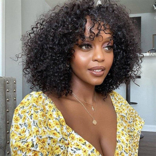 Curly Bob Machinemade Wig With Bangs Glueless Human Hair Wig With Fringe