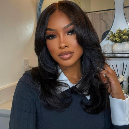 Curtain Bangs Wavy Layer Cut Glueless 7x5 Pre Cut Lace Wig Human Hair