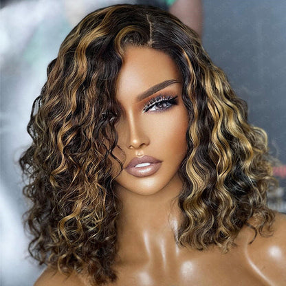 Highlight Honey Blonde Short Curly Wigs 13x4 Lace Front Bob Wig Glueless Human Hair Wig