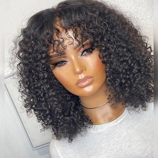 Short Curly Bob 13x4 Lace Frontal Wig With Bangs Human Hair Glueless Wig