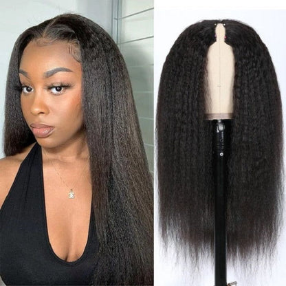 V Part Wig Kinky Straight Glueless Human Hair Wig Without Leave Out Full Machinemade