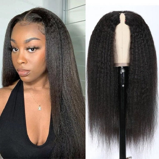 V Part Wig Kinky Straight Glueless Human Hair Wig Without Leave Out Full Machinemade