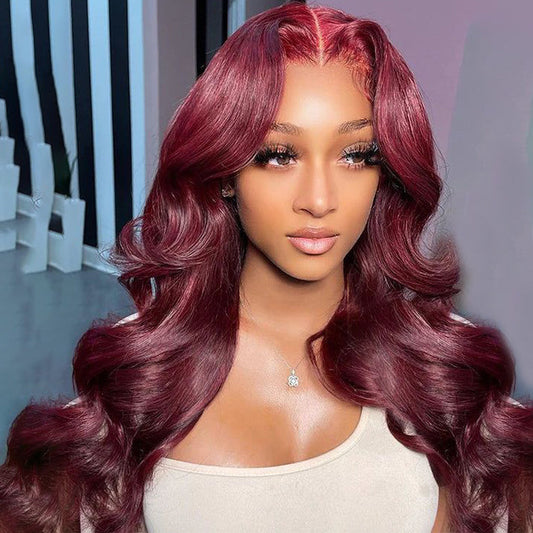 Wine Red Color Loose Wavy 13x4 Lace Frontal Wig Glueless Wig Human Hair