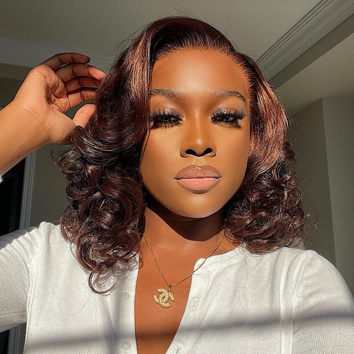 Chocolate Brown Spiral Curl 13x4 Lace Front Bob Wig Glueless Human Hair Wig