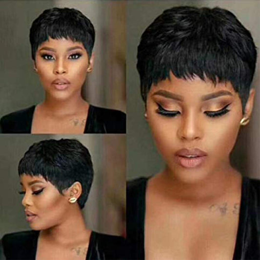 Vogue Pixie Wigs Short Black Wavy Layered Short Human Hair Wigs for Black Women (1B#)