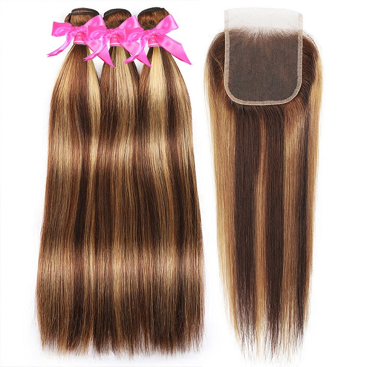 Highlight Brown Bundles With Closure Ombre Honey Blonde Straight Human Hair