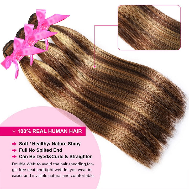 Highlight Brown Bundles With Closure Ombre Honey Blonde Straight Human Hair