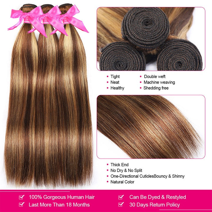 Highlight Brown Bundles With Closure Ombre Honey Blonde Straight Human Hair