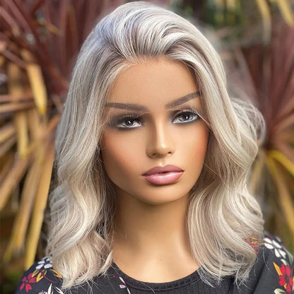 Platinum Ash Blonde Shoulder Wavy Human Hair Bob Wigs Lace Front Wig 13x6 Preplucked Wig