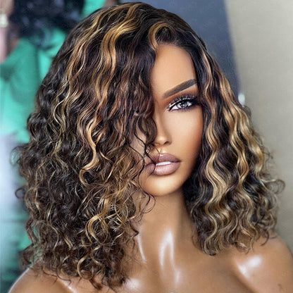 Highlight Honey Blonde Short Curly Wigs 13x4 Lace Front Bob Wig Glueless Human Hair Wig