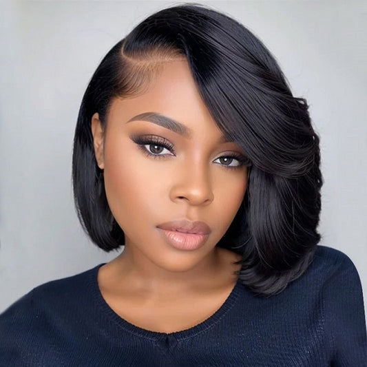 Straight Pixie Bob Wig With Swept Bangs Pre Cut Lace Glueless Wig