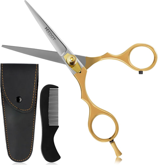HB DOT Professional Mustache Scissors, 5.5 Inches Mustache and Beard Scissors, German Stainless Steel Beard Scissors for Men with Beautiful Case and Mustache Comb. (Silver and Gold)