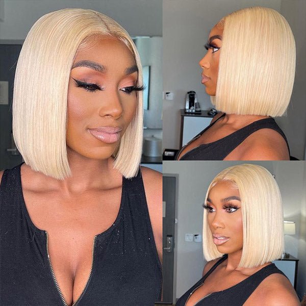 613 Blonde Short Bob Wigs Transparent Straight Hair 4×4 Lace Closure Wig 150% - Healthier Me Beauty, LLC