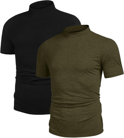 Poriff Men&#39;s Casual Mock Turtleneck Pullover Tops Short Sleeve Slim Fit T-Shirts Basic Solid Color Tees