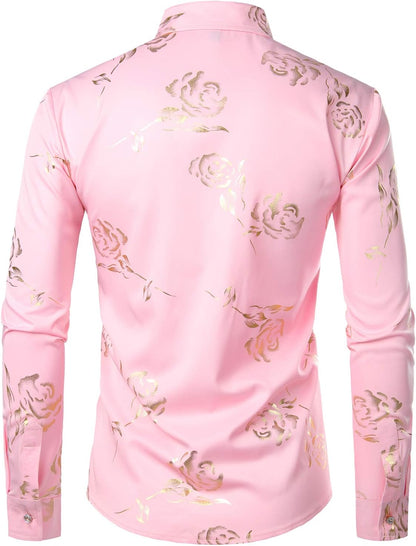 ZEROYAA Mens Hipster Gold Rose Printed Slim Fit Long Sleeve Dress Shirts/Prom Performing Shirts