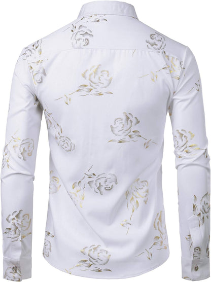 ZEROYAA Mens Hipster Gold Rose Printed Slim Fit Long Sleeve Dress Shirts/Prom Performing Shirts