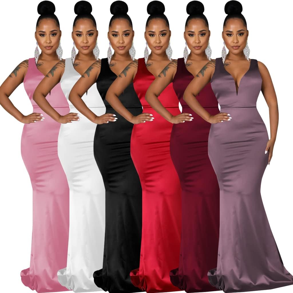 JTNFairy Women&#39;s Sexy Ruffle Sleeveless One Shoulder Bodycon Dresses Classy Pencil Curvy Party Evening Long Formal Dress