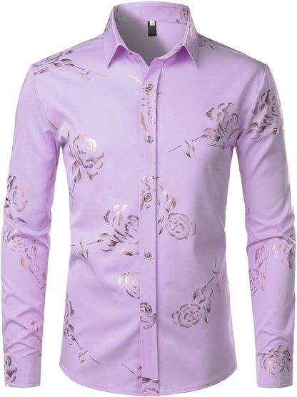 ZEROYAA Mens Hipster Gold Rose Printed Slim Fit Long Sleeve Dress Shirts/Prom Performing Shirts