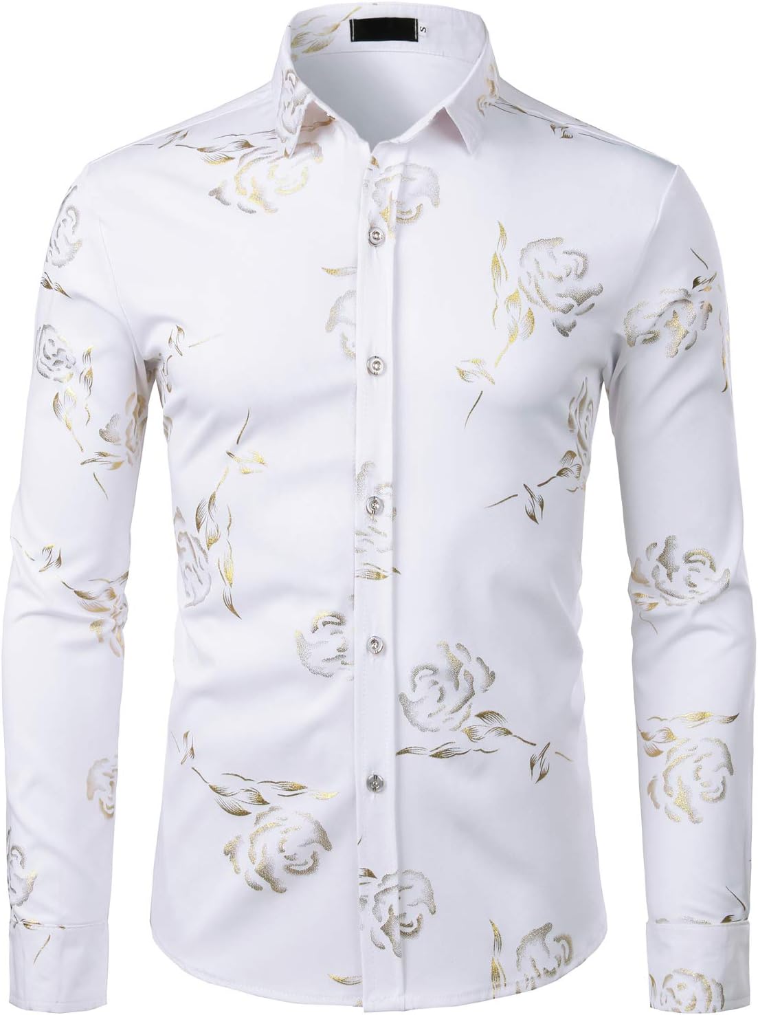 ZEROYAA Mens Hipster Gold Rose Printed Slim Fit Long Sleeve Dress Shirts/Prom Performing Shirts