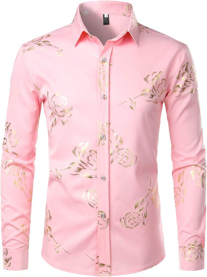 ZEROYAA Mens Hipster Gold Rose Printed Slim Fit Long Sleeve Dress Shirts/Prom Performing Shirts