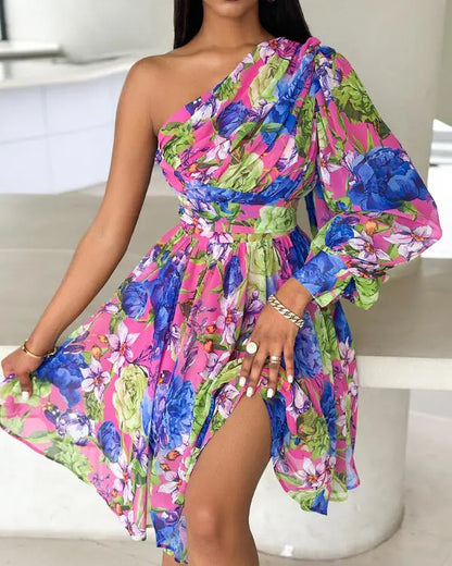 Floral Print Lantern Sleeve One Shoulder A Line Dress