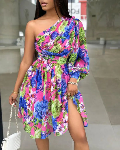 Floral Print Lantern Sleeve One Shoulder A Line Dress