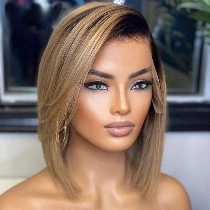 T1B/27 Straight 13x4 Lace Front Blunt Cut Bob Wig Ombre Honey Glueless Human Hair Wig