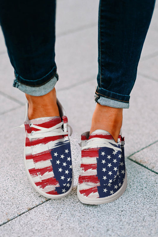 Red Fourth of July Flag Pattern Lace-up Flat Shoes