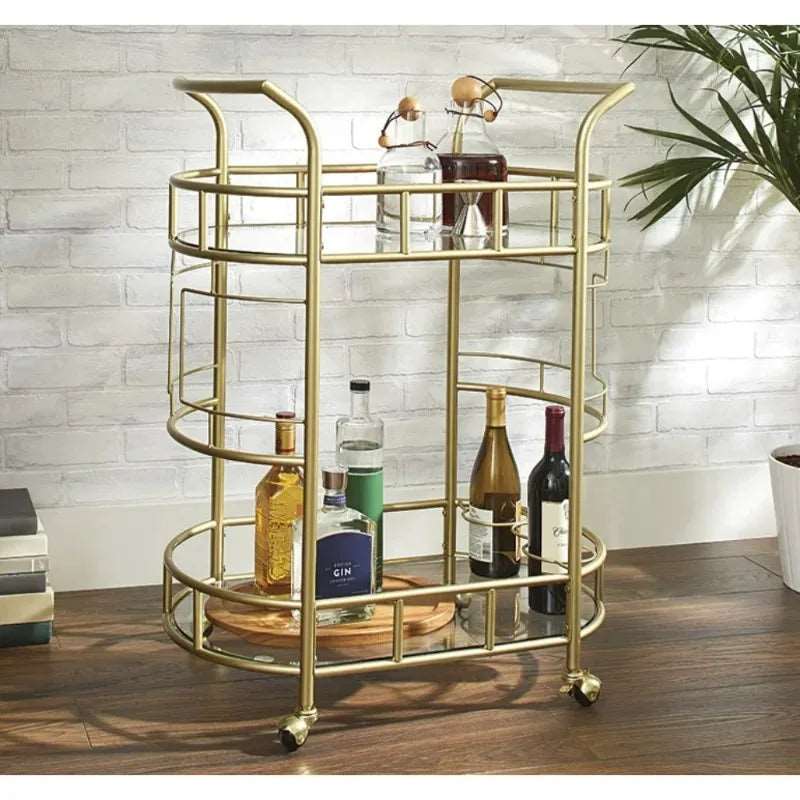 Bar Cart with Matte Gold Metal Finish, 2-Tiers Trolley Cart Rolling Cart Kitchen Island Table Meuble De Rangement Cuisine