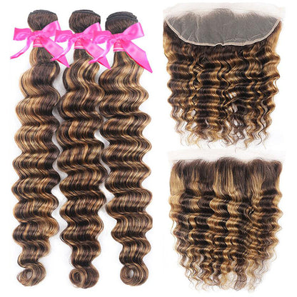 P4/27 Highlight Brown Honey Loose Deep Wave Hair 3 Bundles With 13x4 Lace Frontal Human Hair