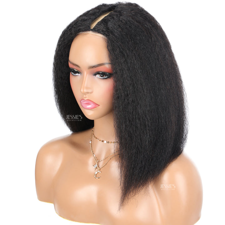 Thin V Part Wig Kinky Straight Bob Human Hair Wigs Without Leave Out