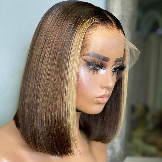 Chocolate Brown Short Straight Bob 13x5 Lace Front Wig With Blonde Skunk Stripe Highlights 7x5 Glueless Wig