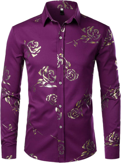 ZEROYAA Mens Hipster Gold Rose Printed Slim Fit Long Sleeve Dress Shirts/Prom Performing Shirts